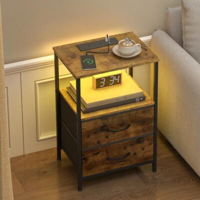 Advwin LED Bedside Table with 2 Fabric Drawers