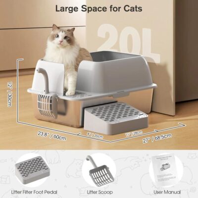 Advwin Stainless Steel Cat Litter Box with Scoop & Pedal