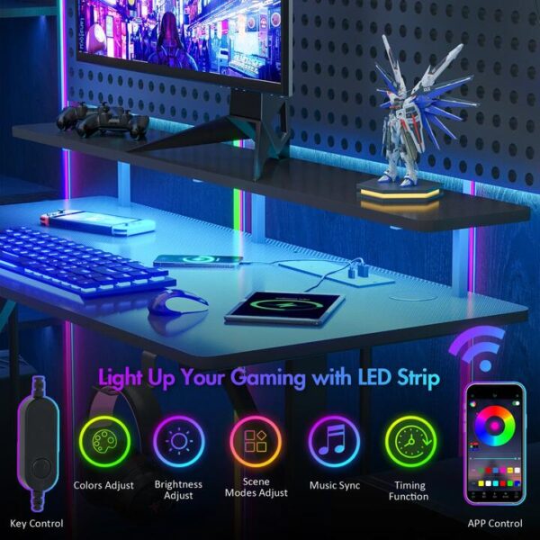 Advwin Gaming Desk with LED Lights & Power Outlets