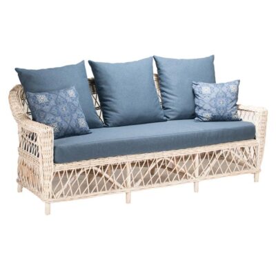 Nassau Rattan Sofa, 3 Seater, White Wash / Navy