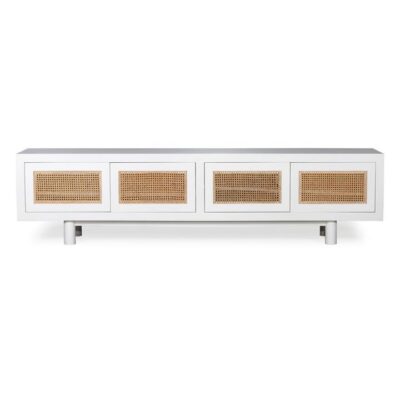 Sandestin American Oak Timber & Rattan 4 Door TV Unit, 220cm, White