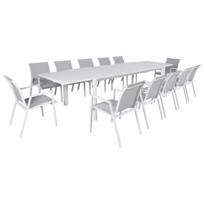 Icarus 13 Piece Aluminium Outdoor Extensible Dining Table Set, 230-345cm, White