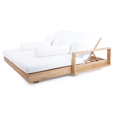 Bora Teak Timber Double Outdoor Sun Lounger with Arms