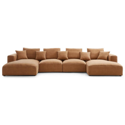 Sleekon Modern Fabric Modular U-shape Sofa, 2 Seater with Double Chaise, Camel