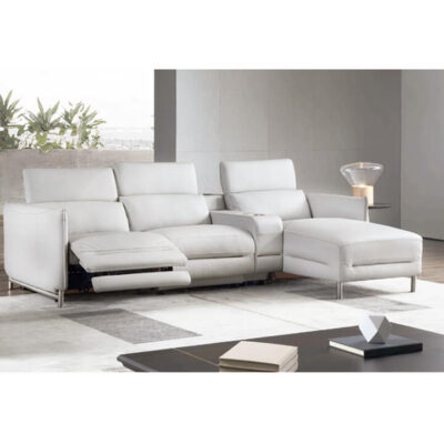 Petra Leather Electric Recliner Sofa, 2 Seater with RHF Chaise & Console, Oat White