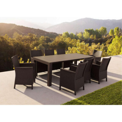 Siesta Vegas 9 Piece Commercial Grade Resin Rattan Outdoor Extendable Dining Table Set, 180-220cm, with California Tub Chair, Chocolate