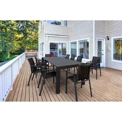 Siesta Vegas 11 Piece Commercial Grade Outdoor Extendable Dining Table Set, 260-300cm, with Pacific Armchair, Black
