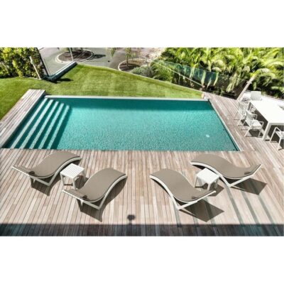 Siesta Slim 6 Piece Commercial Grade Sun Lounger & Side Table Set with Cushions, White / Taupe