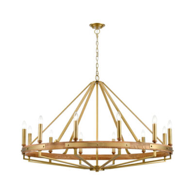 Funale Wood & Iron Candelabra Pendant Light, 12 Light, Oak / Brass