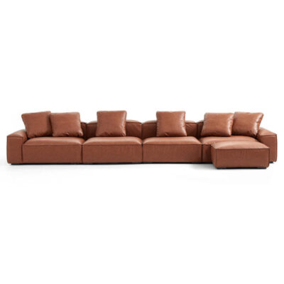 Pouffen Modern Fabric Modular Sofa, 6 Seater with Ottoman, Cognac