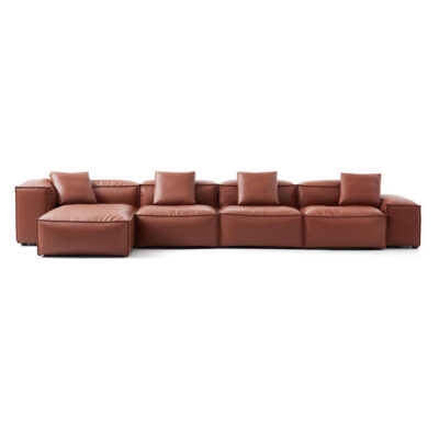 Touff Bonded Leather Modular Corner Sofa, Left High & Right Low Arms, 4 Seater with Reversible Chaise, Brown