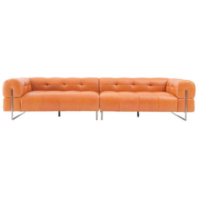 Misello Premium Top Grain Full Leather Sofa with Cushion, 4 Seater, Tangerine