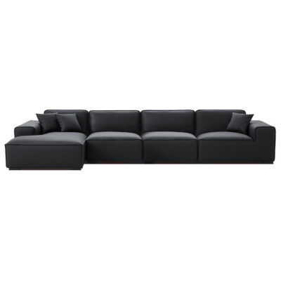 Velotia Modern Leather Sofa, 3 Seater with LHF Chaise, Black