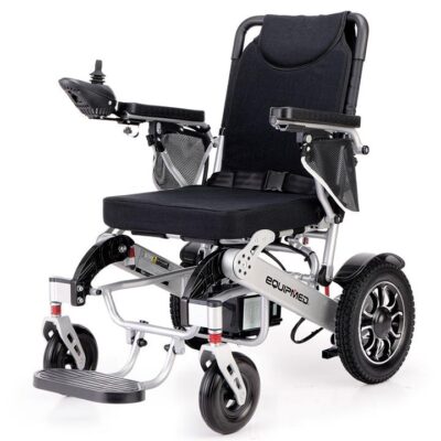 EQUIPMED Power Electric Wheelchair, Airline Approved Wheelchair, Lightweight, Folding, Long Range, Lithium Batteries, Black & Silver
