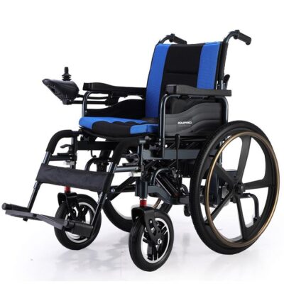 EQUIPMED Electric Wheelchair Folding, Long Range, Airline Approved, Lithium Battery, 24" Light Rear Wheels, Matte Black/Blue