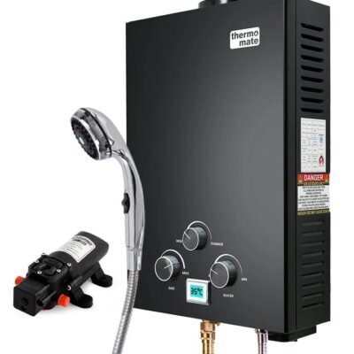 THERMOMATE Portable Gas Outdoor Camping Hot Water Heater System, with 12V Pump, Shower Head, Black