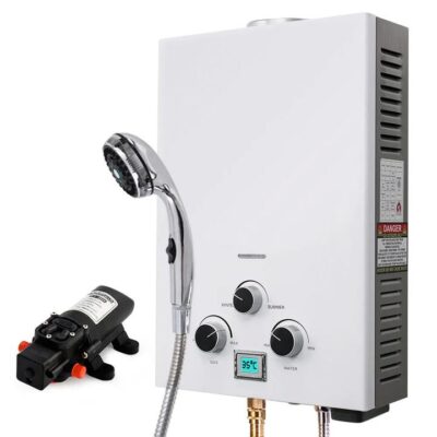 THERMOMATE Portable Gas Outdoor Camping Hot Water Heater System, with 12V Pump, Shower Head, White