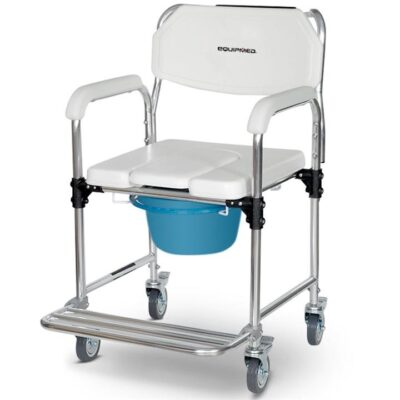 EQUIPMED Commode Shower Chair, Over Toilet or Bedside 136kg Capacity Aluminium frame with Wheels, White/Blue