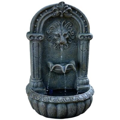 PROTEGE Lion Head Solar Powered Water Feature Fountain, Traditional Design, with Panel Kit, LED Lights