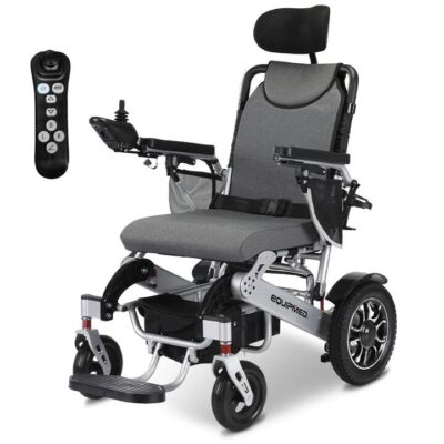 EQUIPMED Power Electric Wheelchair, Long Range, Airline Approved, Alloy, Remote Control, Lithium Battery, Black/Silver