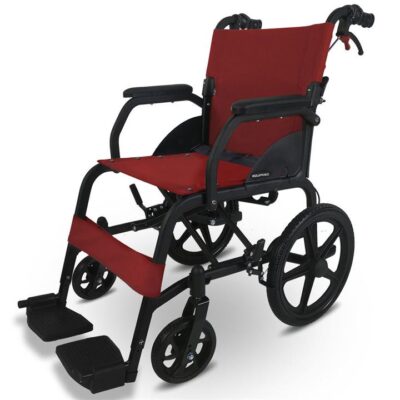 EQUIPMED Folding Transit Wheelchair, Lightweight Aluminium for Easy Transport, Crimson Red