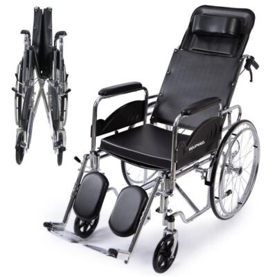 EQUIPMED Folding Manual Reclining Wheelchair Self Propelled, 24" Rear Wheels, Chrome Steel Frame, 46cm Wide Seat, 100kg Capacity, Park Brakes
