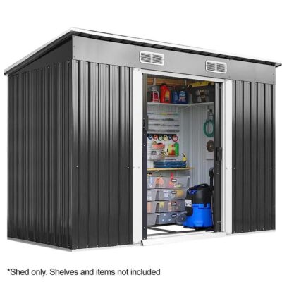 PLANTCRAFT Galvanised Steel Garden Shed 2.38 x 1.31 x 1.82m, with 2 Sliding Doors, 2 Air Vents, Skillion Roof, Floor Frame