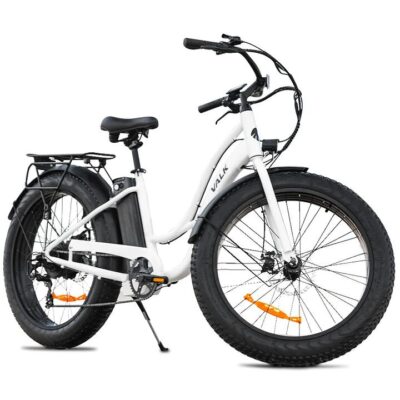 VALK Electric Fat Tyre Cruiser Bike, Step-Through eBike with Throttle, Tektro Hydraulic Brakes, White