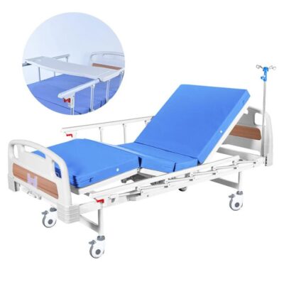EQUIPMED 4 Function Medical Bed, w/ Mattress & Over Bed Table, Easy Manual Adjustable Back and Leg Incline, IV Pole