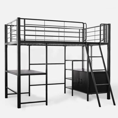 Gaming Loft Bed with Desk and Storage Cabinet, Steel Metal Frame, Space Saving Design, for Single Mattress, Matte Dark Grey