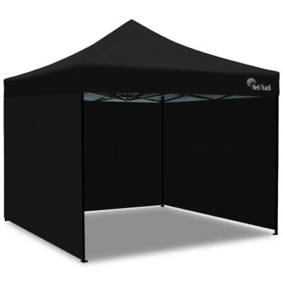 RED TRACK 3x3m Premium Pop Up Gazebo Marquee, Patented Steel Cable Canopy Support System, Wheeled Carry Bag, Side Walls, UV Block, Reinforced Frame, Black