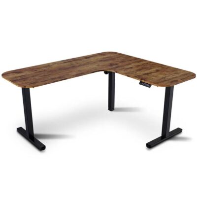 FORTIA Corner Standing Desk, 160x140cm, 72-118cm Sit to Stand Up Electric Height Adjustable, Walnut Style Desktop/Black Frame